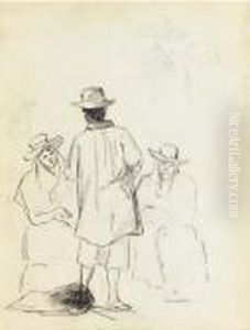 Two Seated Women Conversing With A Man Seen From Behind by Camille Pissarro