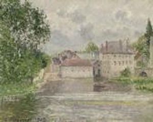 Le Pont Et L'imprimerie A Moret by Camille Pissarro