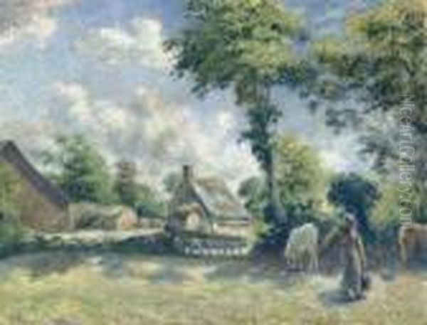 Paysage A Melleray, Femme Donnant A Boire A Des Chevaux - view 1