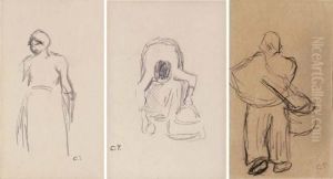 Etudes Des Figures: Femme Debout; Femme Au Travail; Femme Aveccorbeille by Camille Pissarro