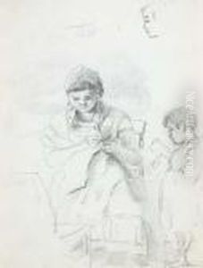 A Seated Woman Sewing And A
Standing Boy Reading, With Subsidiarystudies Of The Woman's Left Arm And
Of The Boy's Head (recto); Palmtrees (verso) by Camille Pissarro