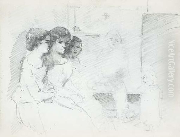 Three Women Seated In An 
Interior, With A Man And A Baby In Thebackground (recto); Studies Of A 
Woman Kneeling On Her Elbow,bust-length, A Donkey's Head, A Man In A 
Hat, And A Scene With Aman With A Wheel Begging From Two Women (verso) - view 1