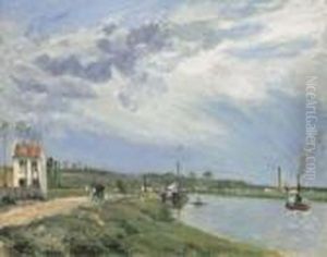 Chemin Au Bord De L'oise Avec Peniche, Barque, Remorqueur,pontoise by Camille Pissarro