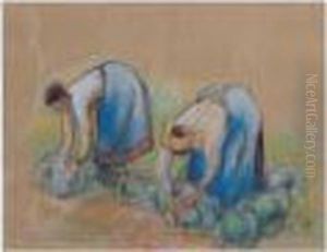 Deux Paysannes Ramassant Des Choux by Camille Pissarro