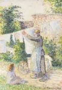 Femme Etendant Du Linge, Eragny by Camille Pissarro