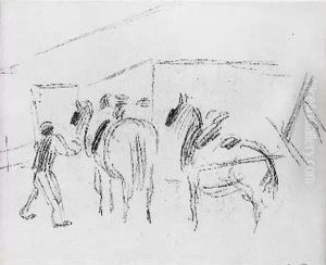 Homme De Ferme Aupres De Deux Chevaux, Monfoucault, Vers 1875 by Camille Pissarro