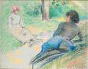 Deux Paysannes Assises Au Bord D'un Chemin, Vers 1880 by Camille Pissarro