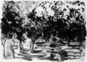 [six Baigneuses Dans La Riviere]. by Camille Pissarro