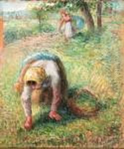 Paysannes Ramassant De L'herbe by Camille Pissarro