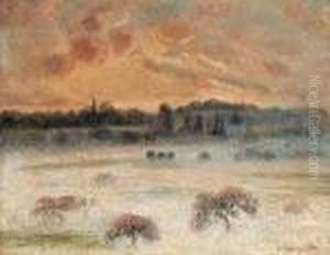 Soleil Couchant Avec Brouillard, Eragny by Camille Pissarro