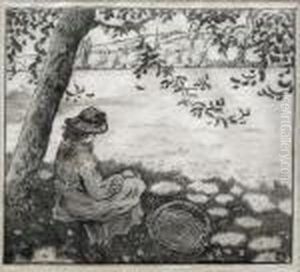 A Girl Sitting Under A Tree With A Basket by Lucien Pissarro
