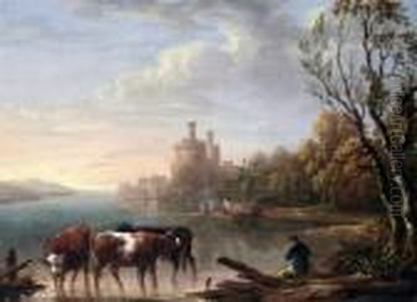 Cattle Watering With A Castle Beyond - view 1