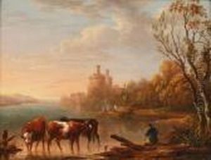 Cattle Watering At An Estuary, With Distant Castle