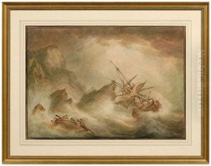 Rocky Coast In Stormy Sea, Shipwreck And
 Life Boat