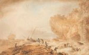 Coastal Scene With Sailing Vessels And Figures On Rocks