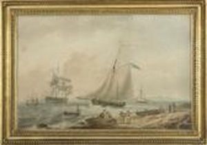 A Coastal Landscape With
Fisherfolk On A Beach, With An English Naval Frigate Coming Into Port by Nicholas Pocock