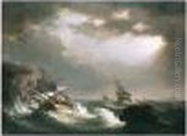 British Man Of War In Rough Seas Off The Coast - view 1