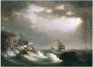 British Man Of War In Rough Seas Off The Coast by Nicholas Pocock