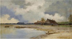 River Landscape With Houses by Ivan Pavlovich Pokhitonov