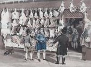 A Set Of Four Aquatints Entitled 'london Market'framed And Glazed, 25cm X 29.5cm. (4)