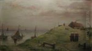 Voiliers Et Personnages Dans Un Paysage De Dunes by Edward Antoon Portielje