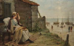 Geanimeerd Strandgezicht Met Vissers En Vrouw Wachtend Op Haar Geliefde. by Edward Antoon Portielje