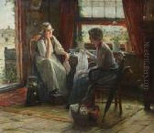 Zeeuws Interieur Met Twee Jonge Vrouwen Kleren Verstellend. by Edward Antoon Portielje