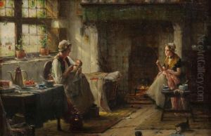 Zeeuws Interieur Met Jonge Moeder,pap Voederend En Andere Vrouw, Kleren Verstellend. by Edward Antoon Portielje
