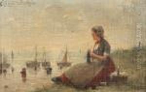 Coastal View With Fishing Boats And Figures Watched By A Knitting Woman by Edward Antoon Portielje
