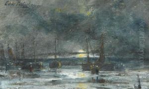 Marine With Fishing Boats And Figures At The Beach At Night by Edward Antoon Portielje