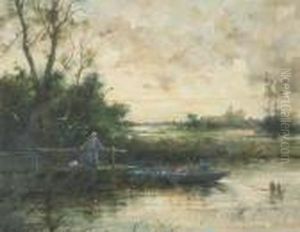 Waterlandscape With Fisherman And Woman At The Docks by Edward Antoon Portielje