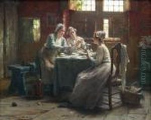 Drie Kaartspelende Zeeuwse Dames In Een Interieur. by Edward Antoon Portielje