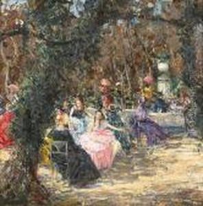Elegant Figures Seated At Tables In A Garden by Luca Postiglione