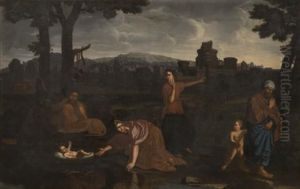 Moise Abandonne Aux Eaux Et Moise Et Le Frappement Du Rocher by Nicolas Poussin