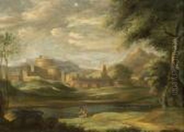 Pecheurs A La Riviere Dans Un Paysage Classique - view 1
