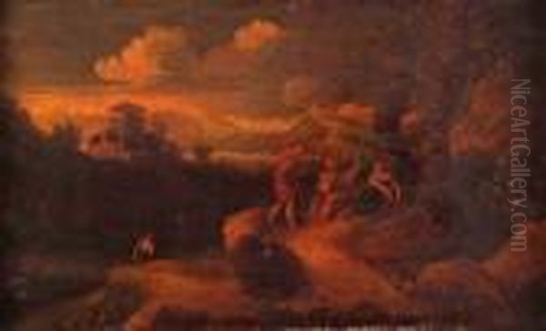 Fourfigures In Rocky Landscape With Buildings In Distance - view 1