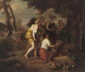 Classical Figures Leaving An Offering Of Fruit And Vegetables At Analtar, In A Landscape by Nicolas Poussin
