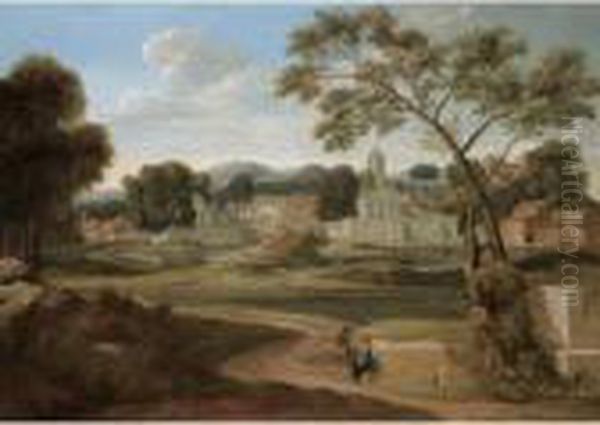 A Classical River Landscape With Figures Conversing In The Foreground With A Town Beyond - view 1