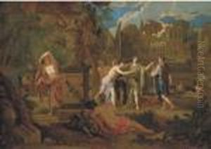 Figures Bathing In A Classical Landscape by Nicolas Poussin