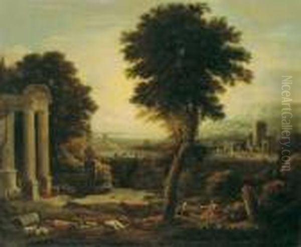 Schule Arkadische Landschaft Mit
Einer Tempelruine Und Hirtenstaffage. Ol Auf Leinwand. H 98; B 122 Cm - view 1