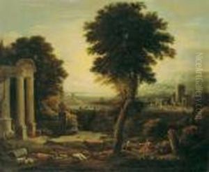 Schule Arkadische Landschaft Mit
Einer Tempelruine Und Hirtenstaffage. Ol Auf Leinwand. H 98; B 122 Cm by Nicolas Poussin