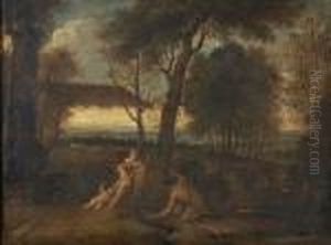 An Extensive Landscape At Dusk With A Group Of Figures In The Foreground by Nicolas Poussin