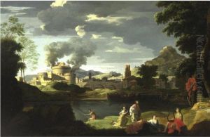 Italianate Landscape With Figures By A River And A Fortress Beyond by Nicolas Poussin