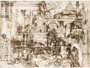 Recto: Architectural Capriccio With Figures And A Distant Pyramid
 Verso: Compositional Study With Roman Centurions And A Group Of Women