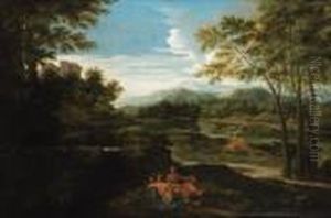 A Classical River Landscape With Nymphs Resting By A Pool by Nicolas Poussin
