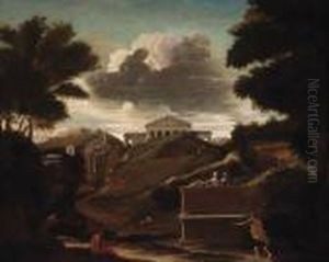 A Classical Landscape With Figures By A Tomb, A Temple Beyond by Nicolas Poussin