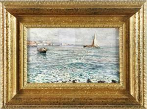 Veduta Marina Con Barca A Vela Sulla Destra E Costiera Sullo Sfondo by Attilio Pratella