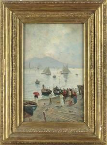 Fishermen Unloading The Catch, In The Bay Of Naples by Attilio Pratella
