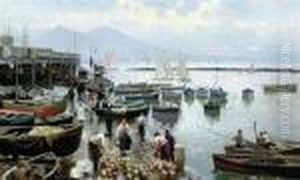 A Busy Quay At Naples, Vesuvius Beyond by Attilio Pratella