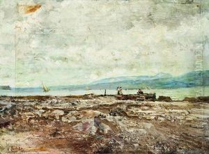 Veduta Costiera Con Figure Sulla Spiaggia E Barche Inmare by Attilio Pratella